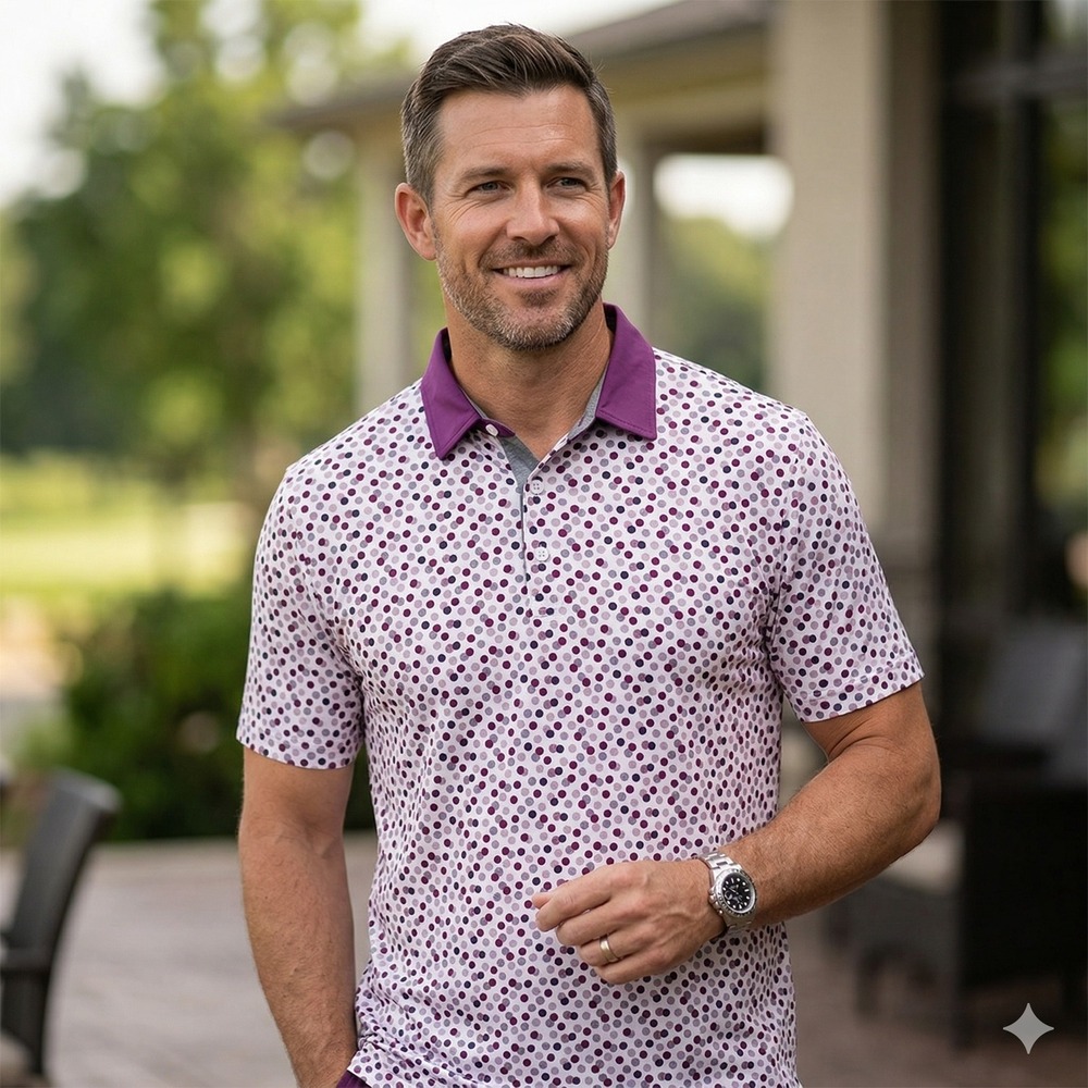 AndersonOrd Performance Polo Shirt Mens Large Purple White Polka‎ Dot Golf Top